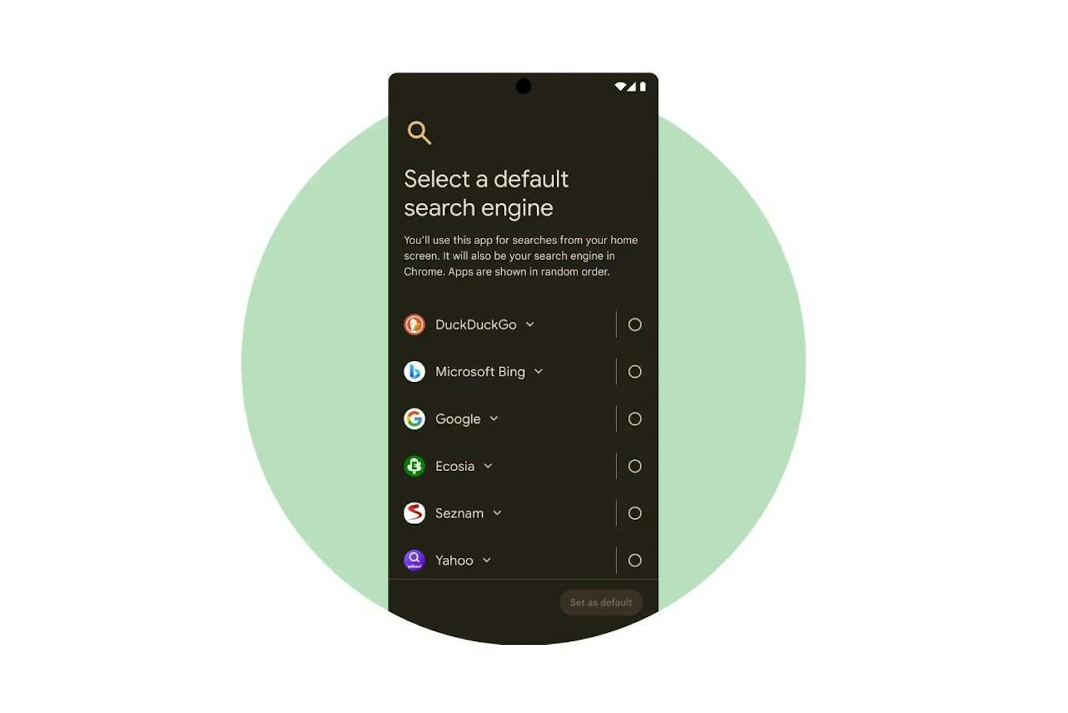 Søkemotor: Du må også velge hvilken søkemotor du vil bruke på mobilen, og meldingen vises innen 6. mars. Den endelige meldingen kan se annerledes ut enn i denne illustrasjonen.